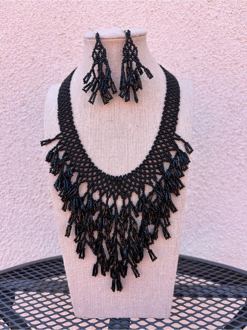Handmade Black Beaded Fringe Necklace and Earrings Set NWOT